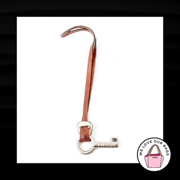 FOSSIL Brown LEATHER STRAP Loop Silver Nickel Fob Bag Charm Keychain Hang Tag - Picture 1 of 1